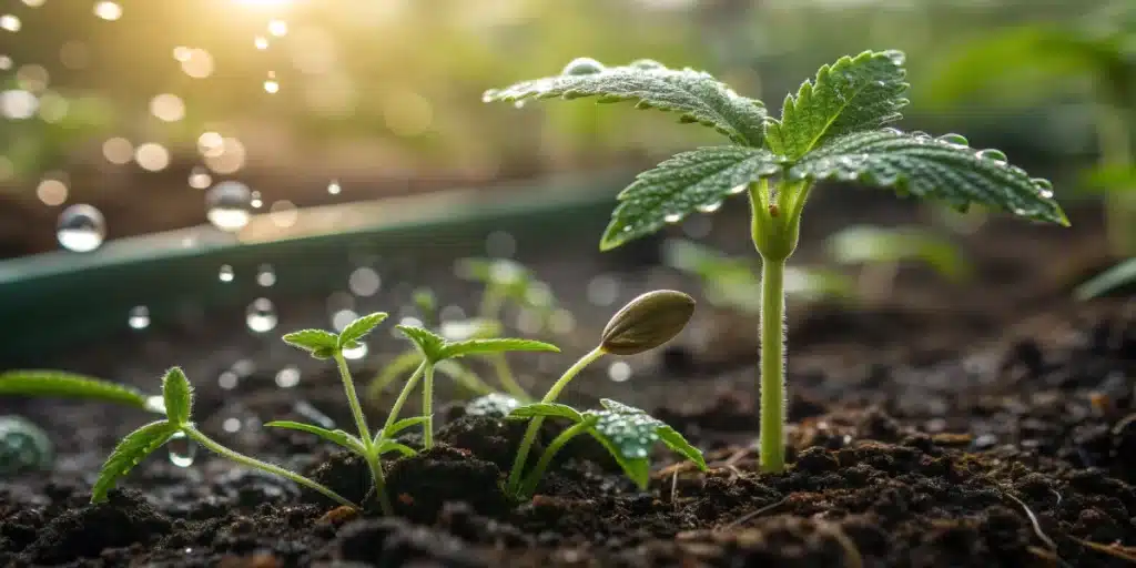 Germination Fat Bastard Strain montrant une jeune plantule de cannabis émergente avec cotylédons verts et gouttes d'eau sur un sol sombre