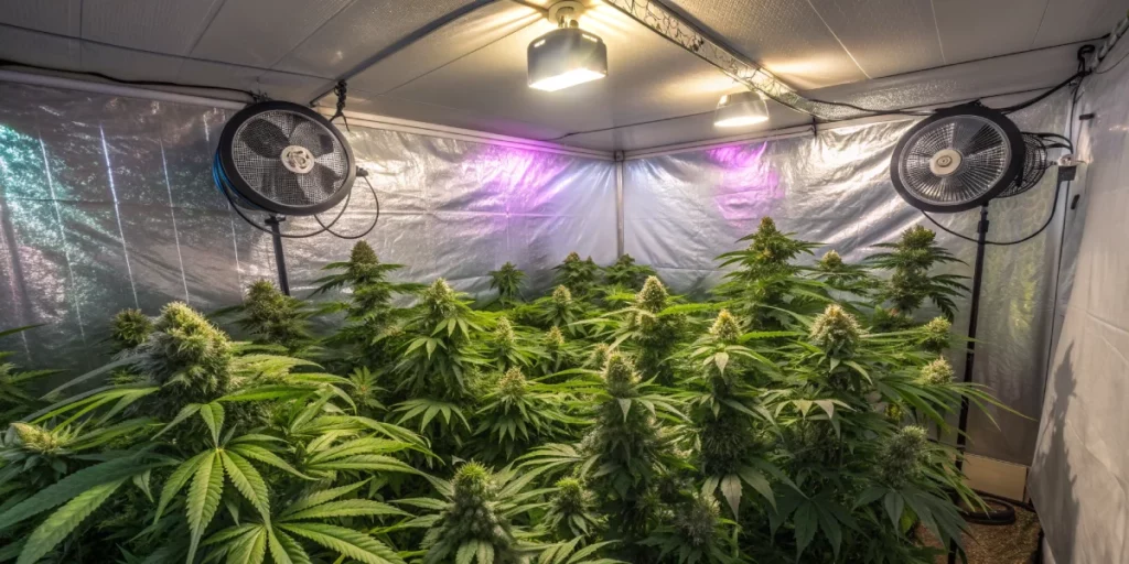 Fat Bastard Strain indoor présentant une plante cannabis vigoureuse en floraison sous éclairage LED dans une tente de culture contrôlée