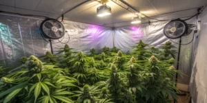 Fat Bastard Strain indoor présentant une plante cannabis vigoureuse en floraison sous éclairage LED dans une tente de culture contrôlée