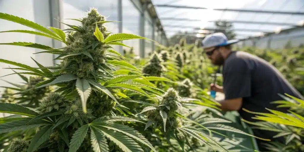 cultivateur inspectant des plants de cannabis en pleine floraison dans une serre professionnelle