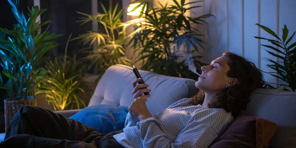 Personne détendue sur un canapé la nuit, utilisant un vaporisateur de cannabis dans une ambiance végétale apaisante.