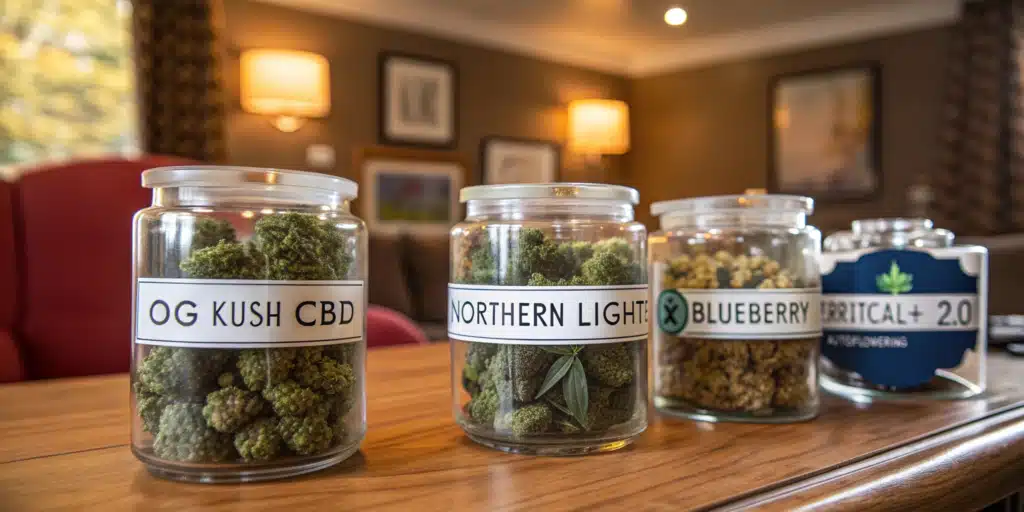 Pots en verre étiquetés OG Kush CBD, Northern Lights, Blueberry remplis de fleurs de cannabis dans un salon chaleureux.