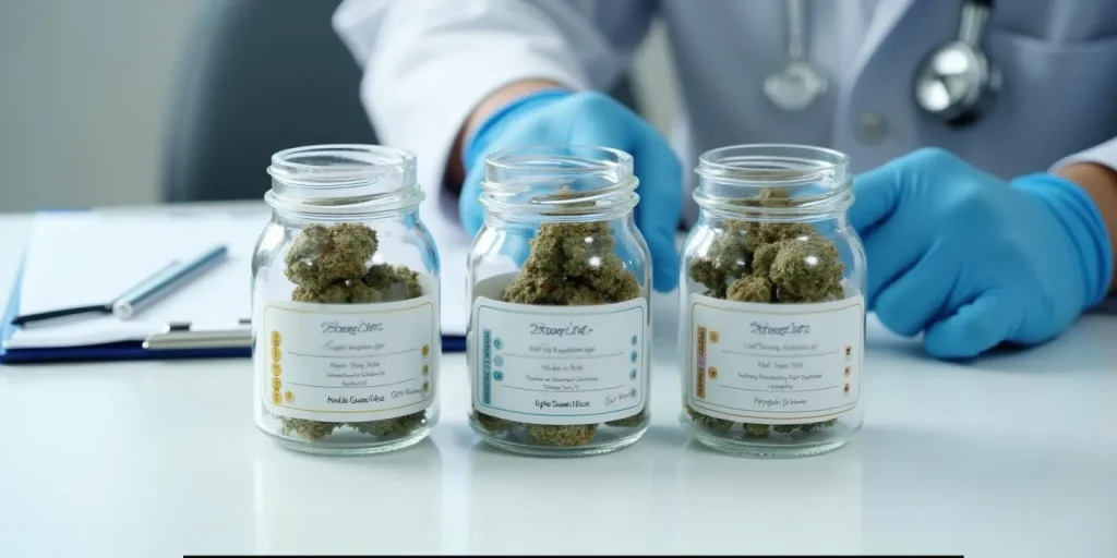 Médecin analysant différentes variétés de cannabis médical.