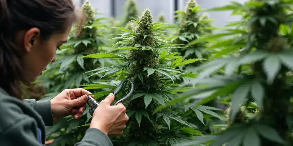 Inspection de trichomes sur une plante de Blackberry Moonrocks.