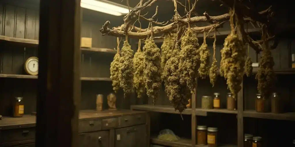 Buds de 24k Gold suspendus à sécher dans une pièce sombre en bois rustique.