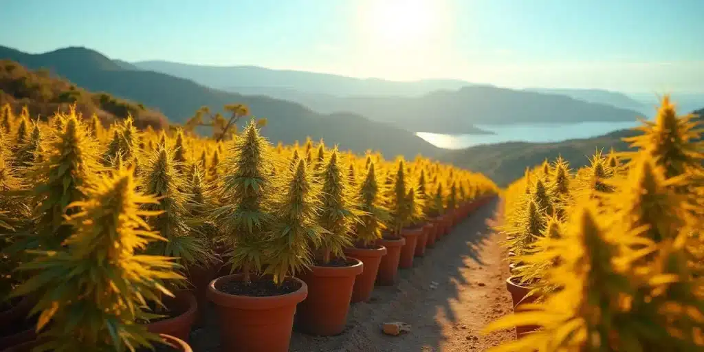 Champ de 24k Gold en pots, éclairé par le soleil couchant avec vue sur les montagnes.