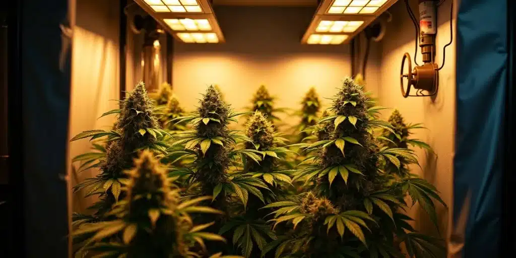 Buds de Cement Shoes en floraison sous LED, avec feuillage dense et ambiance chaude.