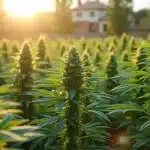 Plante de cannabis Candyland Peyote cultivée en extérieur au coucher du soleil.