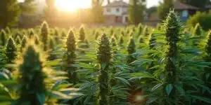 Plante de cannabis Candyland Peyote cultivée en extérieur au coucher du soleil.