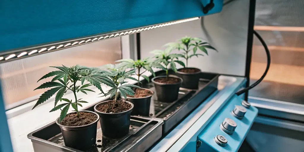 Bourgeon de cannabis violet recouvert de trichomes dans une plantation extérieure.