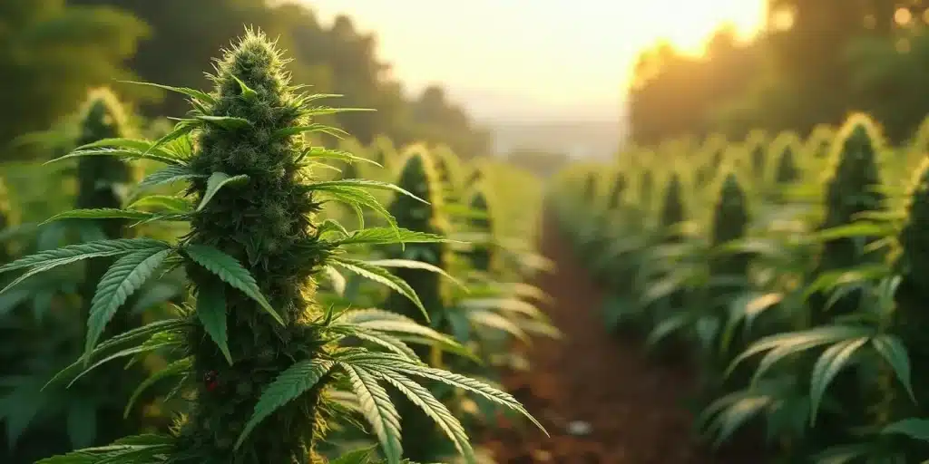 Champ de cannabis Black Widow cultivé en extérieur au lever du soleil.