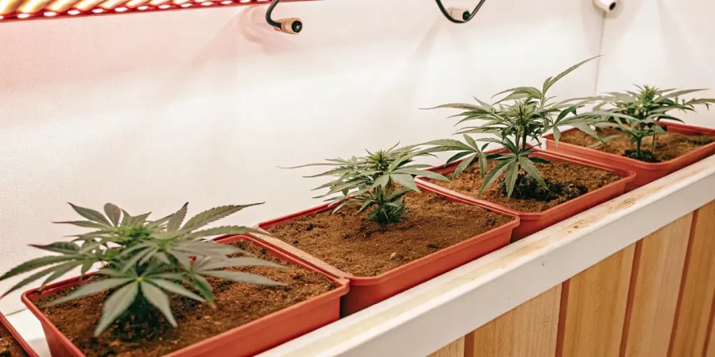 Champ de plantes de cannabis en pleine croissance au coucher du soleil.