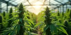 Culture de cannabis sativa et indica en serre sous lumière naturelle.
