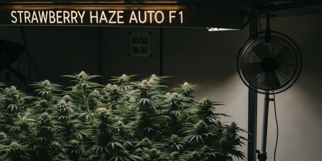 Jeunes plantes de cannabis en pots rouges alignées sous éclairage LED rouge en culture intérieure.
