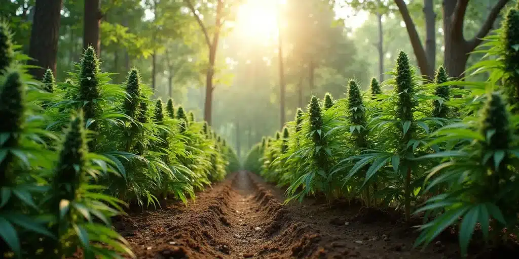 Plantation forestière de GG x Girl Scout Cookies au lever du soleil.