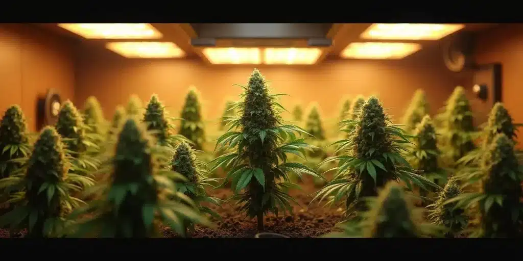 Floraison dense de HellFire OG dans une salle de culture LED.
