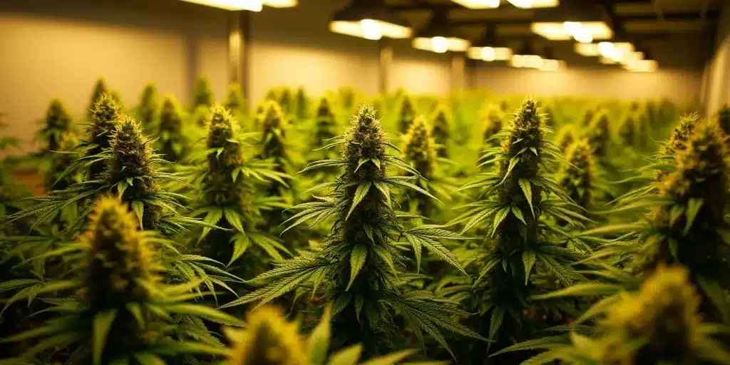 Culture intérieure de Super Lemon Haze sous éclairage LED jaune intense.