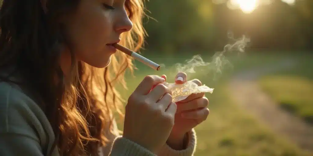 Femme fumant avec une feuille artisanale, illustrant par quoi remplacer feuille à rouler cigarette naturellement.