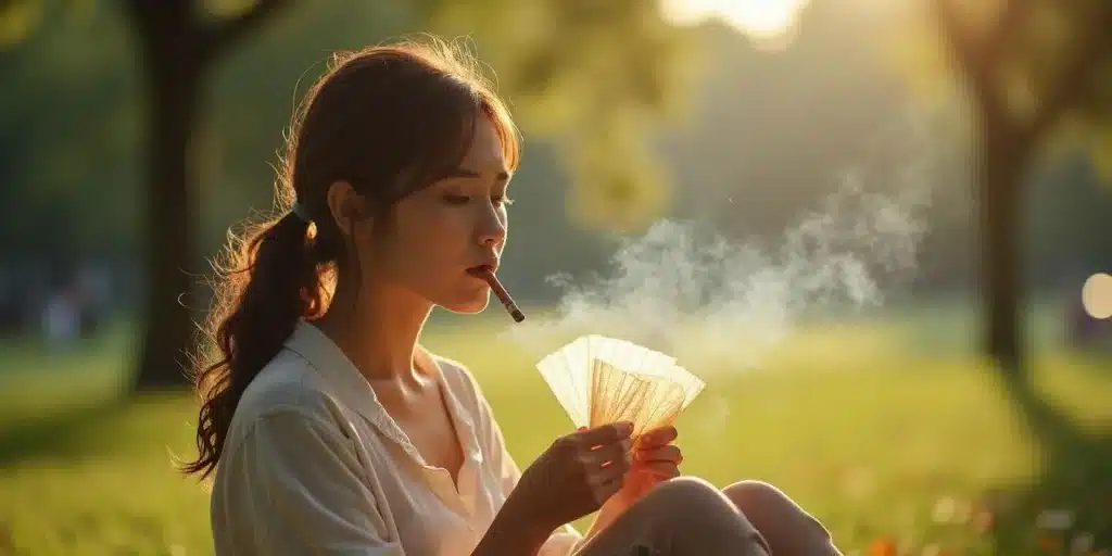 Femme fumant un joint dans un parc, utilisant un éventail comme alternative à feuille à rouler cigarette.