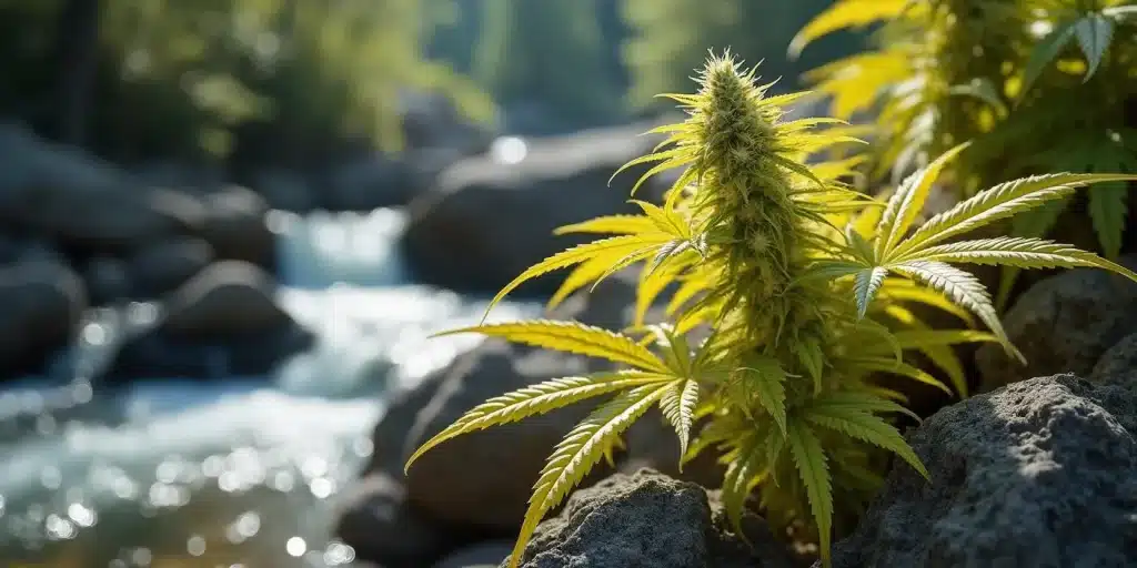 Feuille de cannabis jaunie en bord de rivière naturelle.