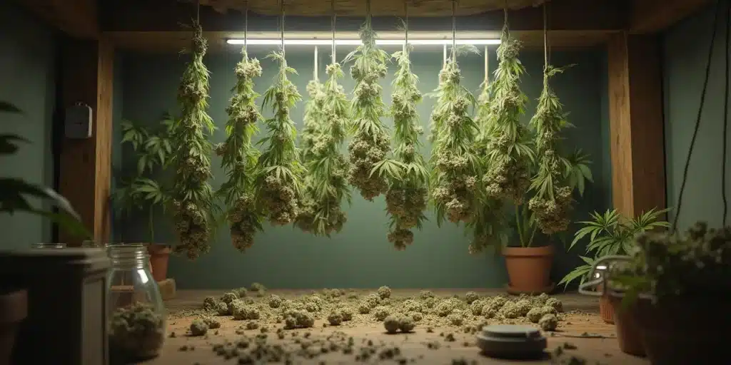 Fleurs de cannabis GMO suspendues pour le séchage.