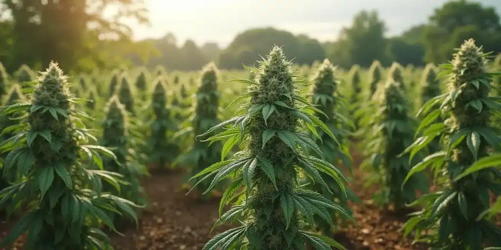 Champs de cannabis GMO cultivés en extérieur.