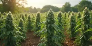 Champs de cannabis GMO cultivés en extérieur.