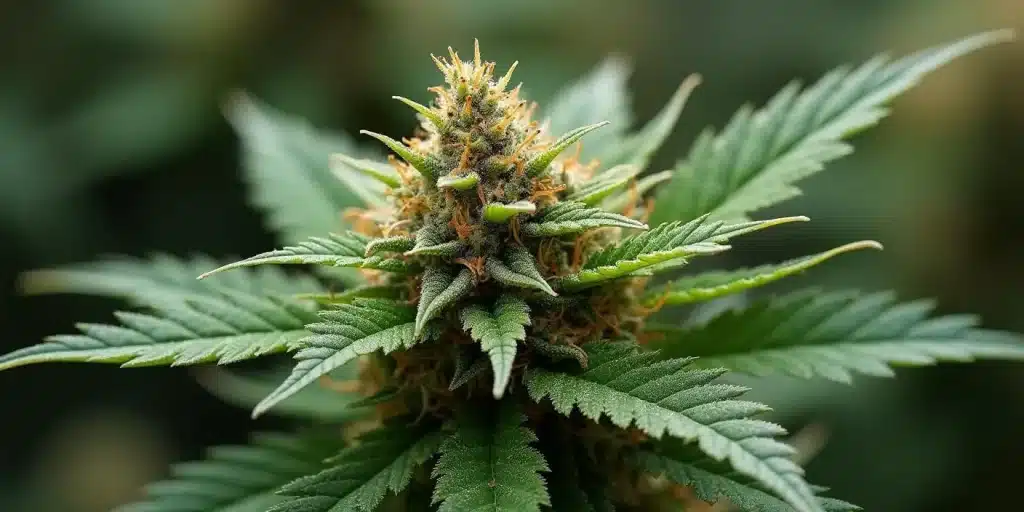 Bourgeon de la variété GMO montrant ses trichomes scintillants et ses pistils orangés. 
