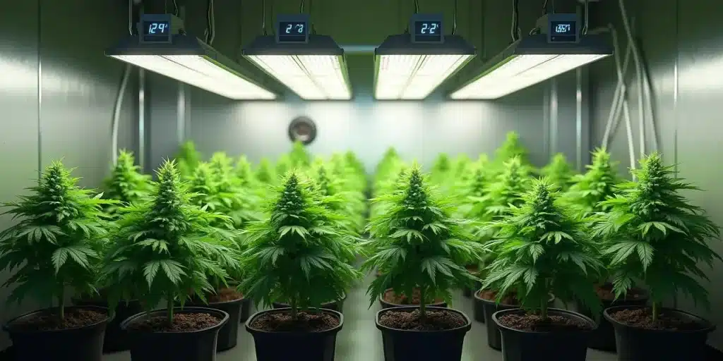 Culture en intérieur de plants de GMO sous éclairage LED.