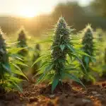 Plantation de Grandaddy Purple régulière en extérieur au coucher du soleil.