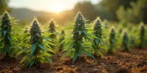 Plantation de Grandaddy Purple régulière en extérieur au coucher du soleil.