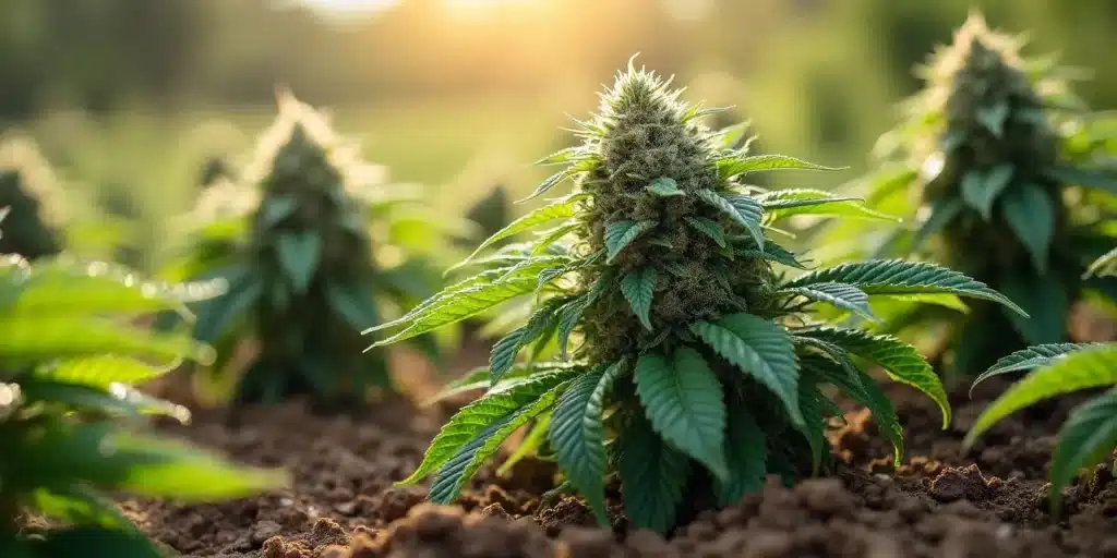 Grandaddy Purple régulière bien développée, révélant une structure dense et des trichomes brillants. Cultivée en sol naturel, elle offre un rendement élevé et une qualité reconnue par les connaisseurs de cannabis.