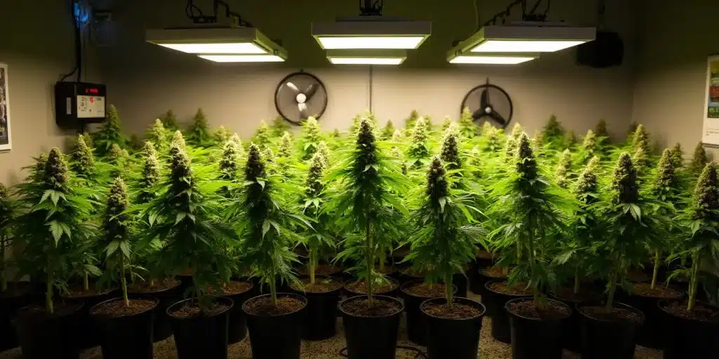 Salle de culture intérieure avec plants de Green Crack Auto sous éclairage LED.