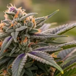Grosse tête violette de Fat Bastard Auto recouverte de trichomes sous une lumière douce.