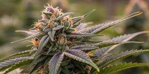 Grosse tête violette de Fat Bastard Auto recouverte de trichomes sous une lumière douce.