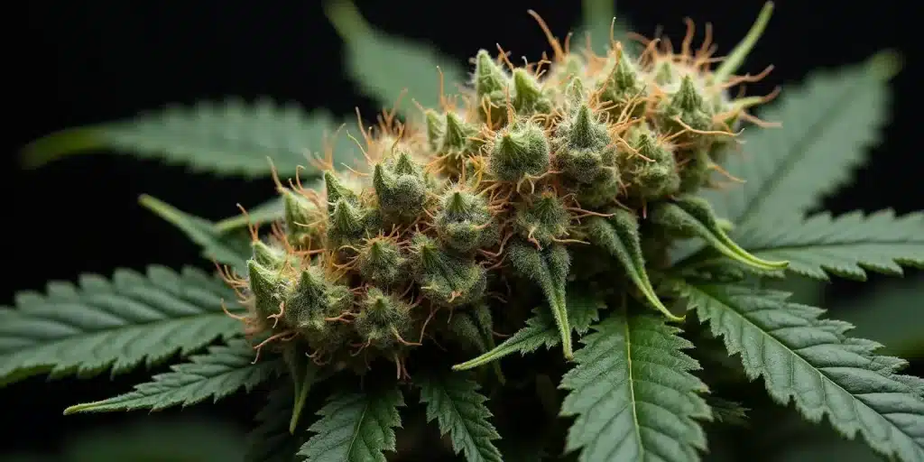 Grosse tête de Godfather OG en macro, avec pistils orange et trichomes brillants.