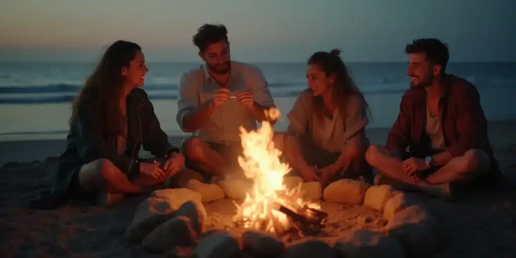 Groupe d'amis sur la plage discutant autour du feu, cherchant par quoi remplacer feuille à rouler cigarette.
