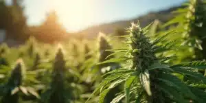 Plantation extérieure de cannabis HellFire OG à maturité sous le soleil.