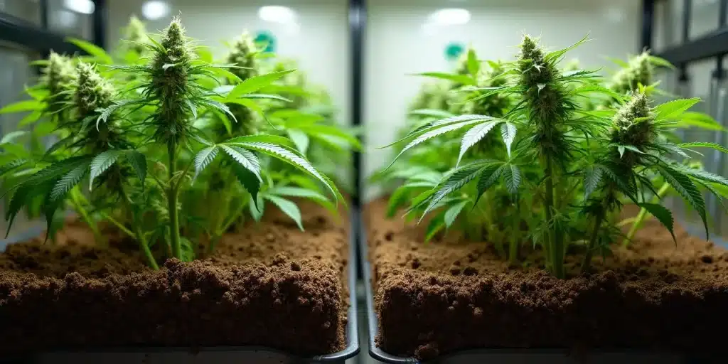 Culture indoor de HellFire OG en bacs de terre sous lumière LED.