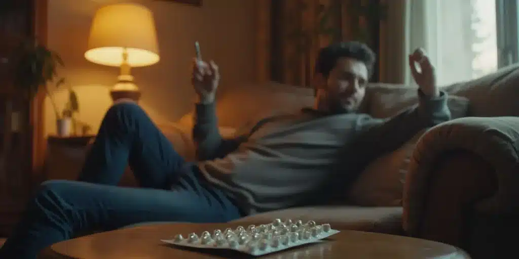 Homme relaxant avec une cigarette et des antibiotiques, réflexion peut on fumer sous antibiotique.