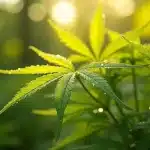 Jeune plant de cannabis avec feuilles partiellement jaunes en forêt.