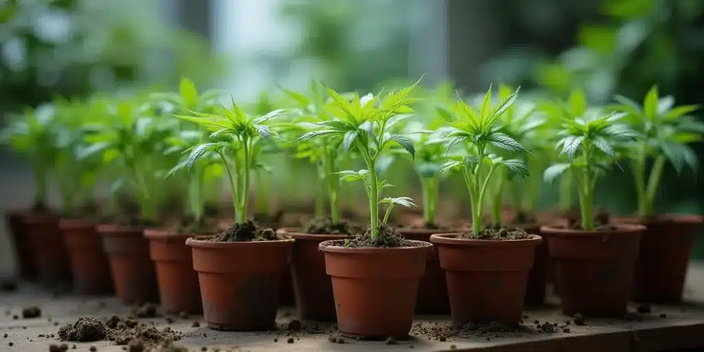 Jeunes plants de Cement Shoes en pots en terre cuite alignés sur une table dans une serre lumineuse.