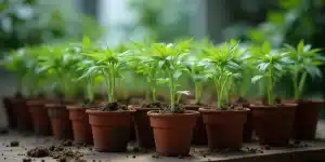 Jeunes plants de Cement Shoes en pots en terre cuite alignés sur une table dans une serre lumineuse.
