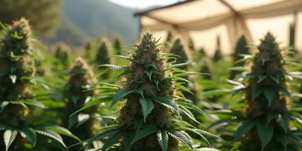 Bud central de Candyland Peyote en pleine floraison sous serre.