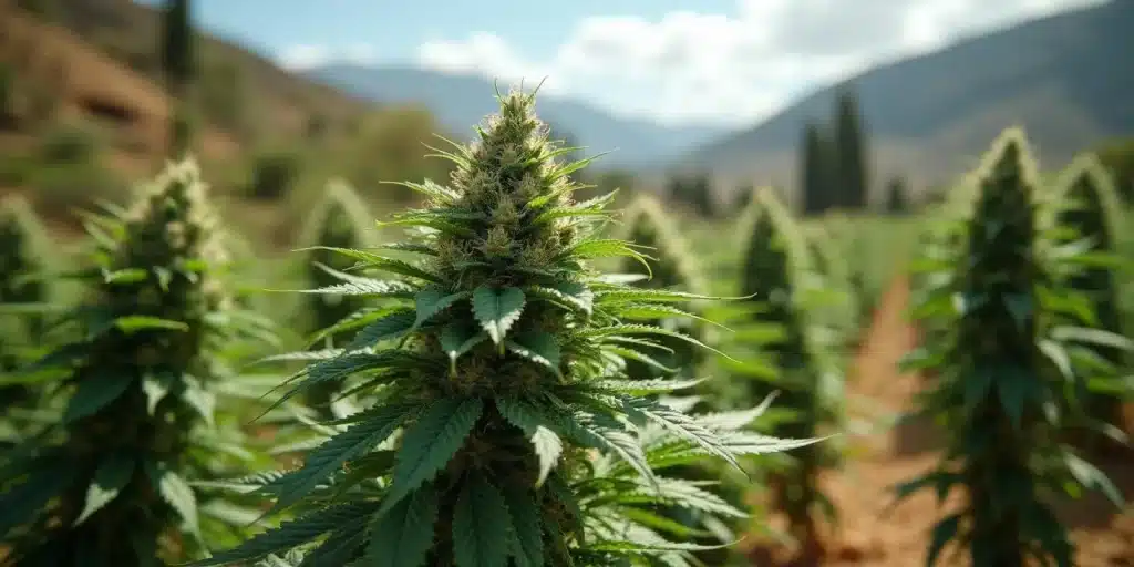 Plante de cannabis Godfather OG cultivée en extérieur dans une vallée ensoleillée.