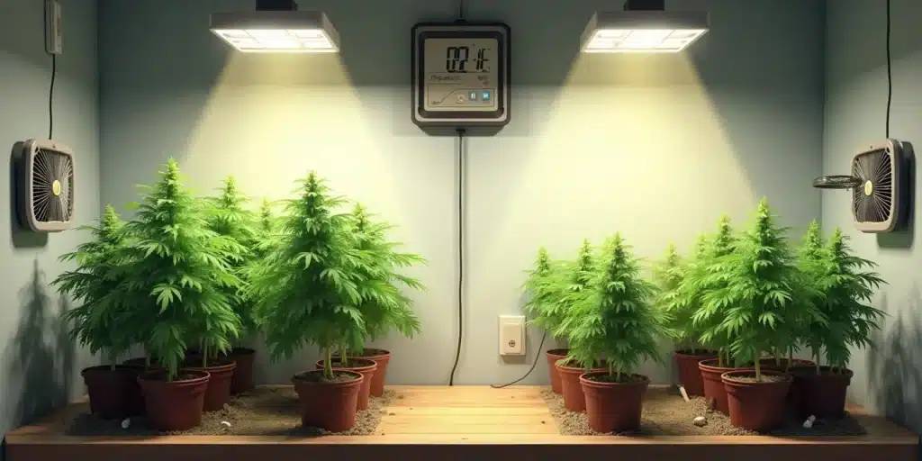Jeunes plants de Candyland Peyote en croissance sous éclairage intérieur.
