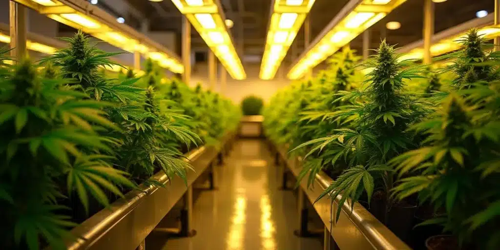 Lignes de plants de cannabis 24k Gold en floraison sous éclairage LED intérieur.