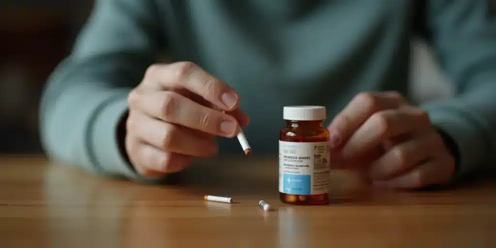 Main avec cigarette et flacon d’antibiotiques sur une table, interrogation peut on fumer sous antibiotique.