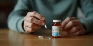 Main avec cigarette et flacon d’antibiotiques sur une table, interrogation peut on fumer sous antibiotique.