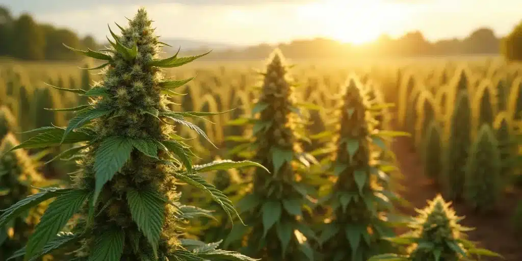 Champ de cannabis Orange Cookies au coucher du soleil.